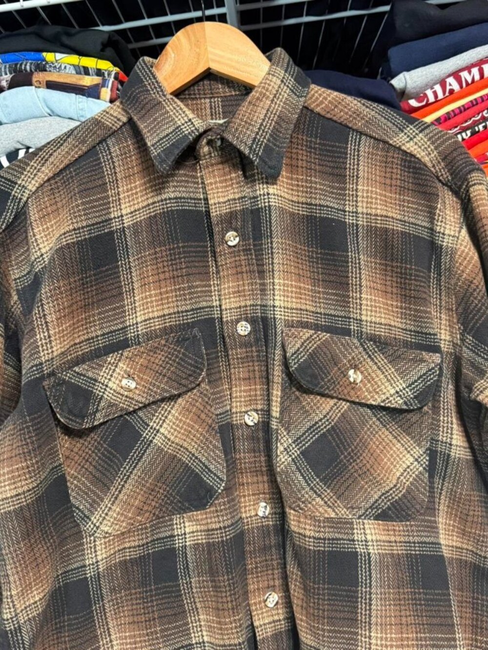 Vintage anchor blue brown and black plaid flannel shirt